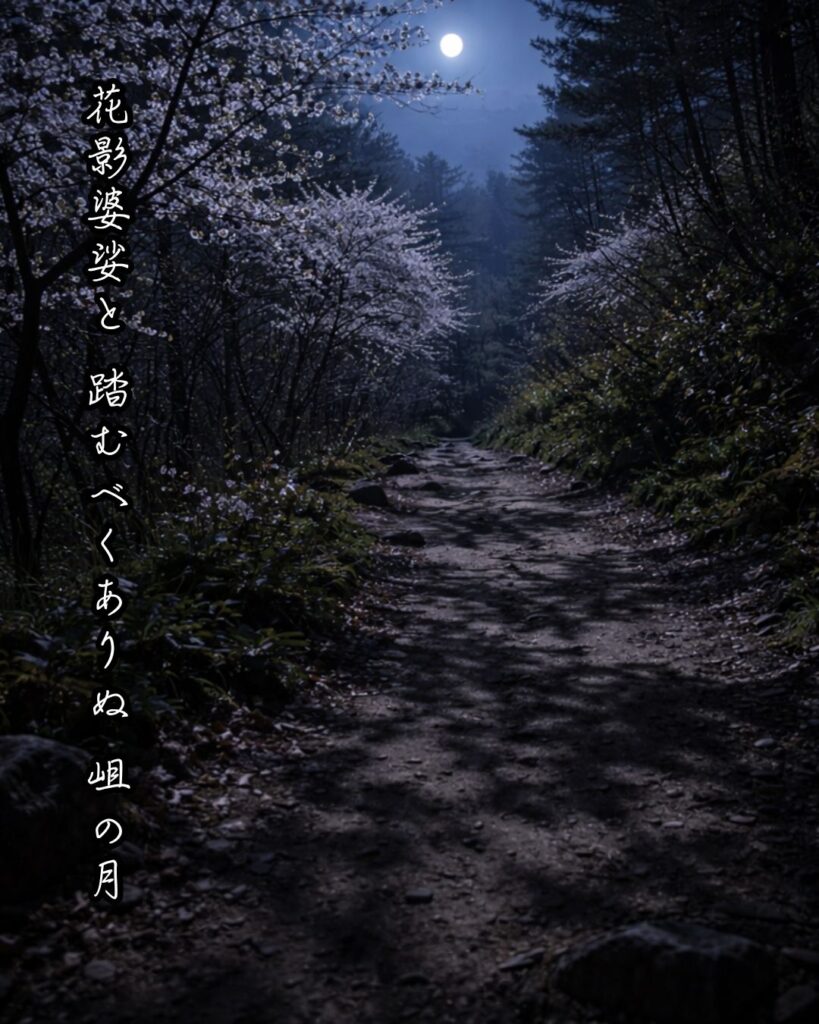 「花影婆娑と　踏むべくありぬ　岨の月」原石鼎の俳句をイメージした画像