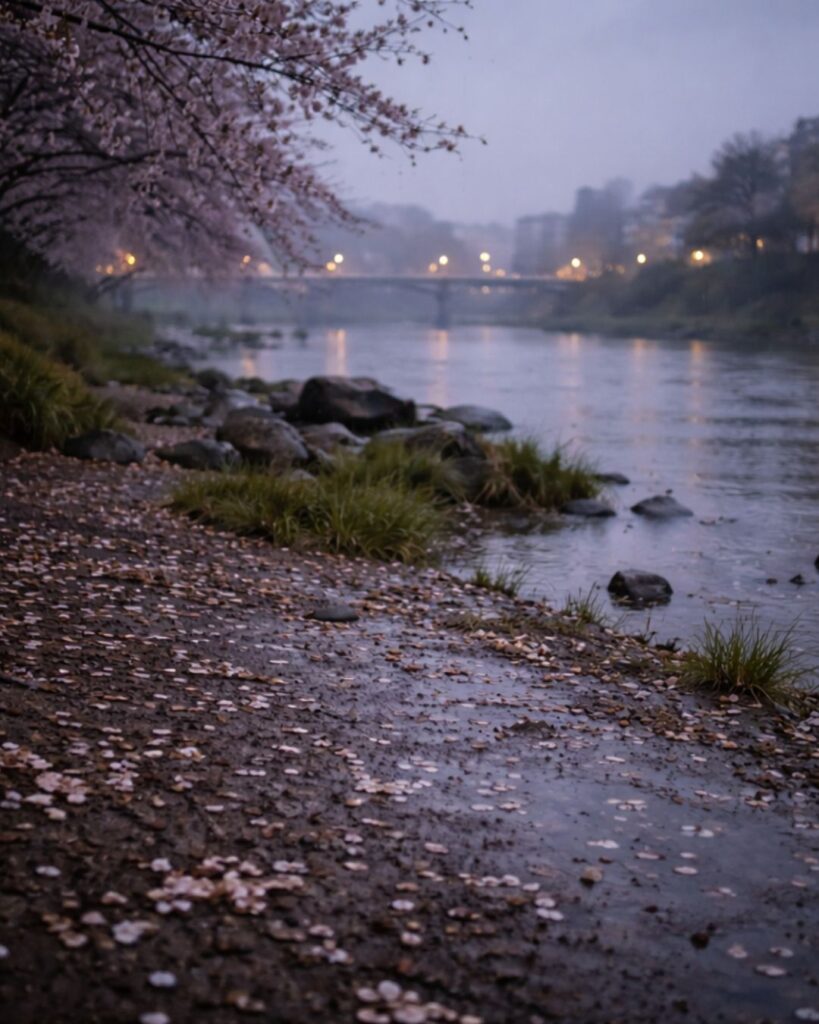 伊藤左千夫の春の短歌5選vol.2–代表作をわかりやすく解説！「花ちらふ 隅田の河原の 寺島を 雨ふりくれて 蛙鳴くなり」この短歌をイメージした画像