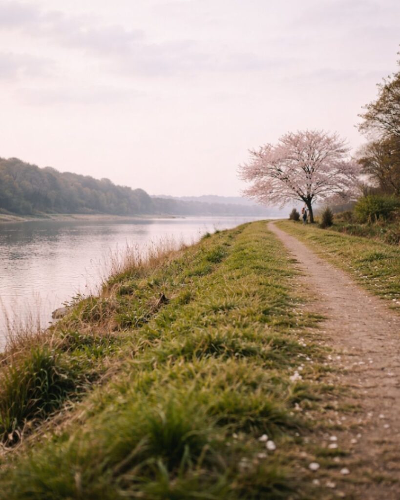山口青邨の春の俳句5選vol.2-代表作をわかりやすく解説!「人居りて 堤のはての 遅桜」この俳句をイメージした画像
