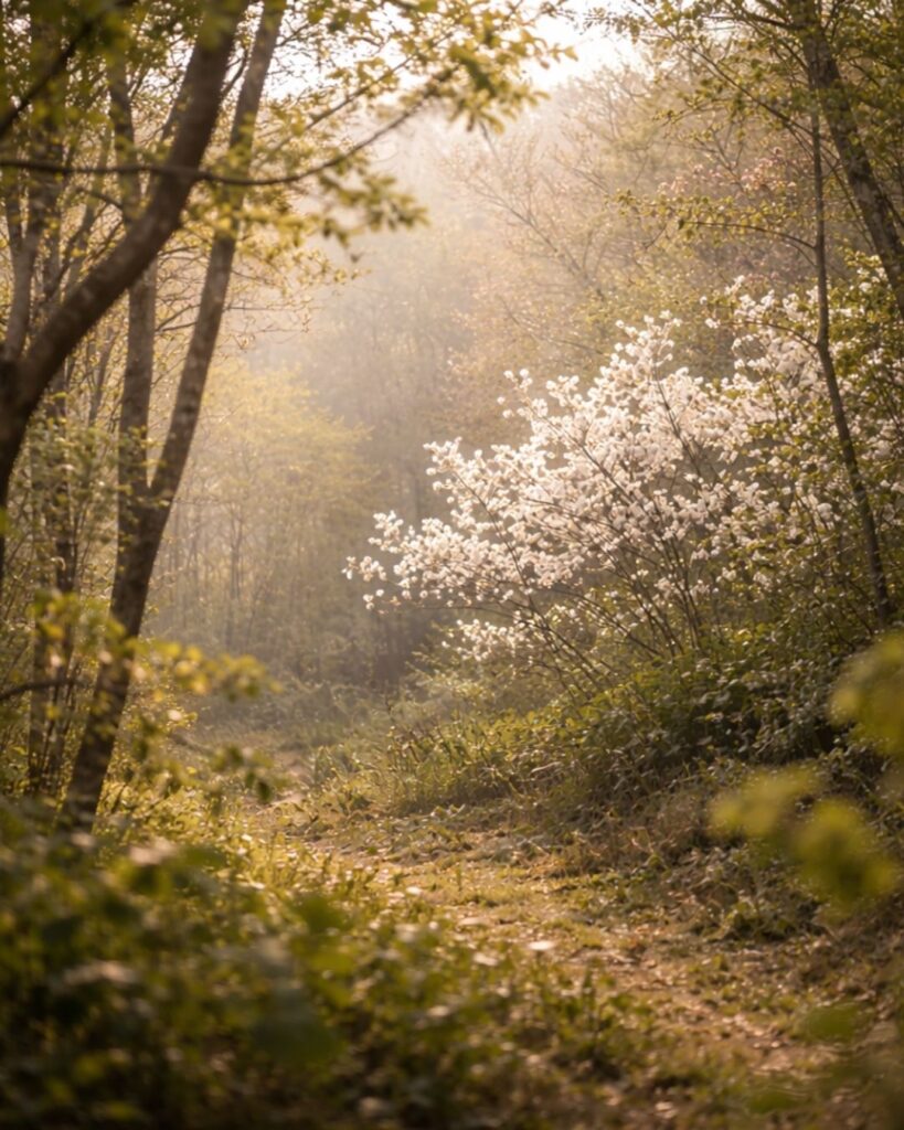 富安風生の春の俳句5選vol.2-代表作をわかりやすく解説!「ほのめきて よそ木のひまの 辛夷かな」この俳句をイメージした画像