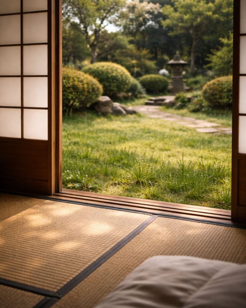 原石鼎の春の俳句5選-代表作をわかりやすく解説!「東風吹くや 障子の外の 芝に音」この俳句をイメージした画像