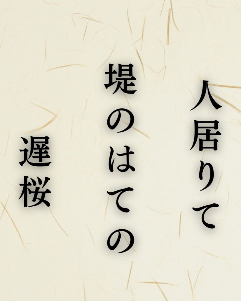 山口青邨の春の俳句5選vol.2-代表作をわかりやすく解説!「人居りて 堤のはての 遅桜」この俳句を記載した画像