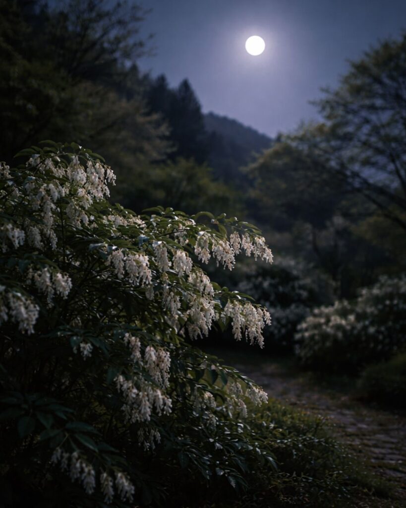 山口青邨の春の俳句5選vol.2-代表作をわかりやすく解説!「春の月 馬酔木の花を 照らしけり」この俳句をイメージした画像