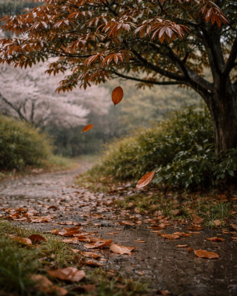 長塚節の春の短歌5選vol.2–代表作をわかりやすく解説!「ほろほろと 落葉こぼるゝ ゆずり葉の 赤き木ぬれに 春雨ぞふる」この短歌をイメージした画像