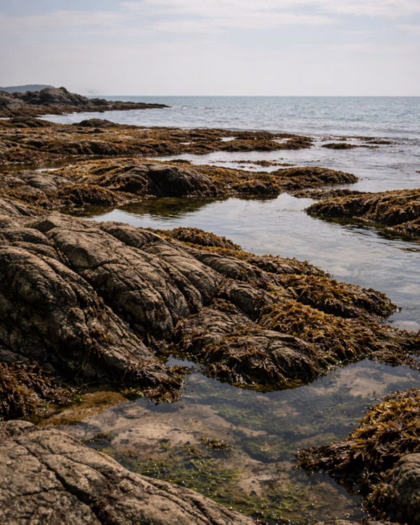 原石鼎の春の俳句5選-代表作をわかりやすく解説!「岩の根の あらはになり 汐干かな」この俳句をイメージした画像