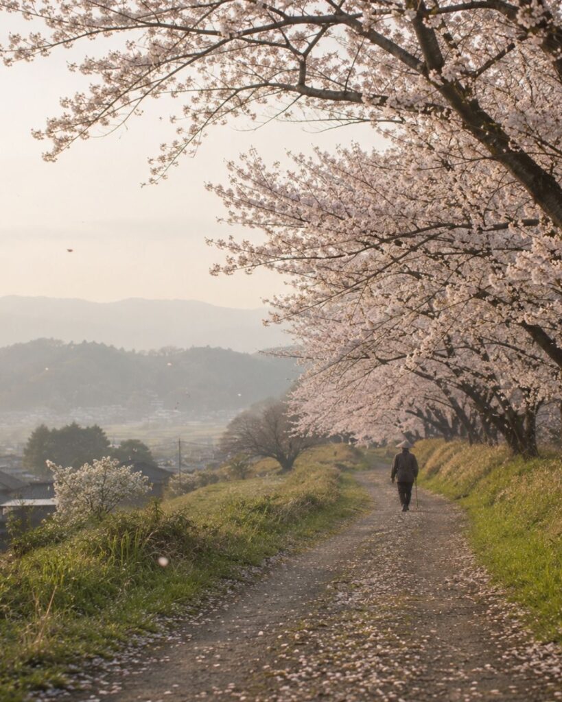 種田山頭火の春の俳句5選-代表作をわかりやすく解説！「さくらが咲いて　旅人である」この俳句をイメージした画像
