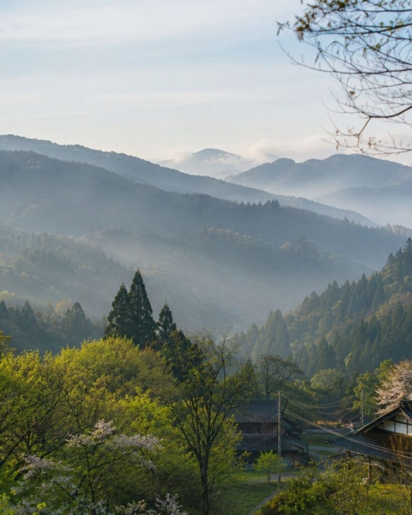 中村草田男の春の俳句5選-代表作をわかりやすく解説！「鶯の　一つの声の　向ふ山」この俳句をイメージした画像