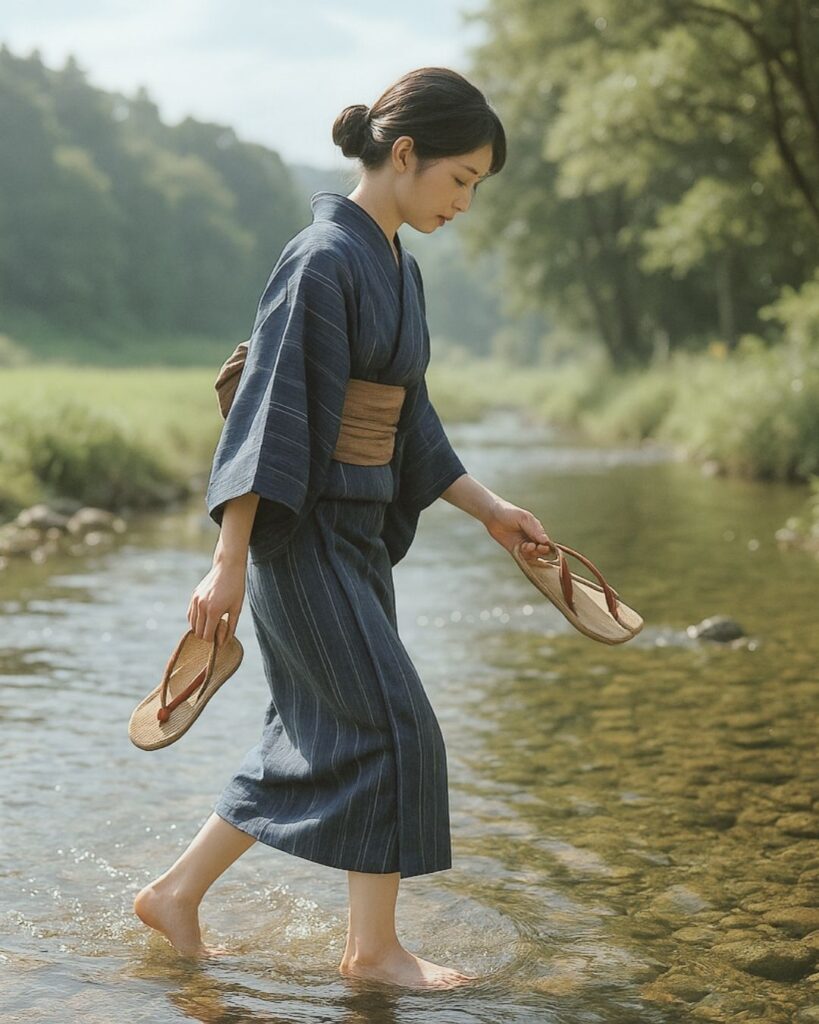 与謝蕪村の夏の俳句5選vol.2-代表作をわかりやすく解説!「夏河を 越すうれしさよ 手に草履」この俳句をイメージした画像