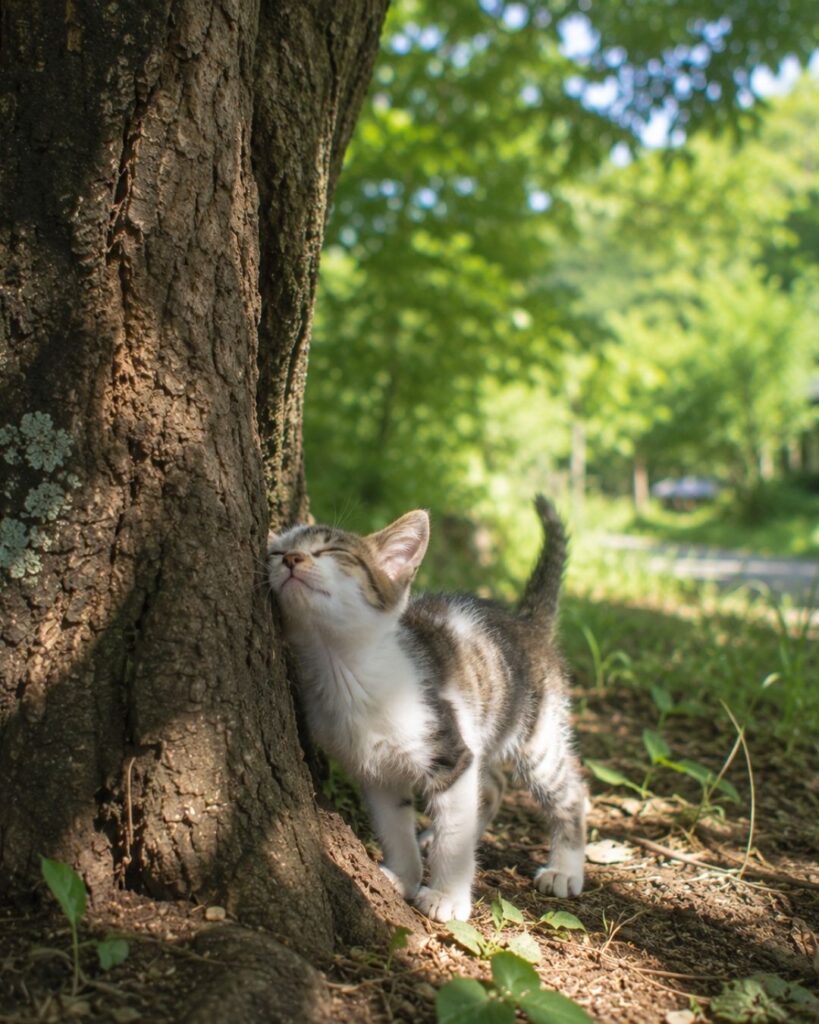 小林一茶の夏の俳句5選vol.2-代表作をわかりやすく解説!「猫の子が 蚤すりつける 榎かな」この俳句をイメージした画像