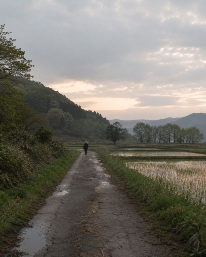 種田山頭火の春の俳句5選-代表作をわかりやすく解説！「蛙さびしみ　わが行く道の　はてもなし」この俳句をイメージした画像