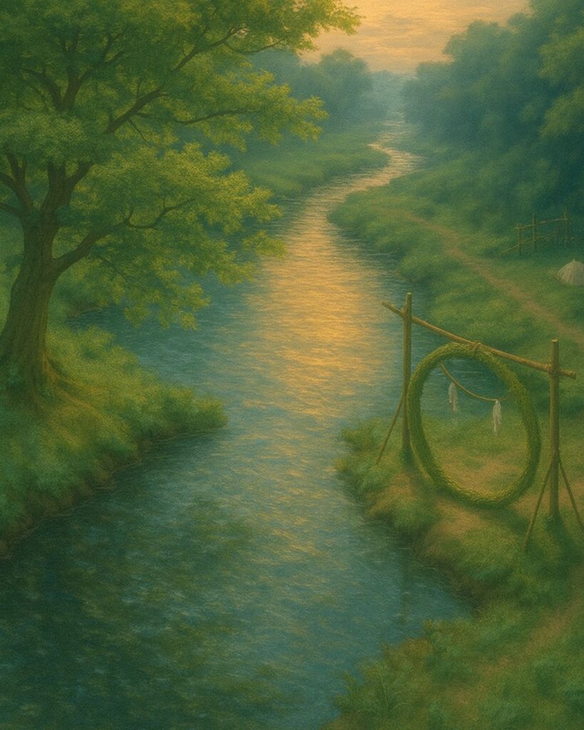 百人一首第98番 藤原家隆『風そよぐ』背景解説–夏のしるし「風そよぐ　楢の小川の　夕暮は　御禊ぞ夏の　しるしなりける」の情景をテーマにしたイメージの画像
