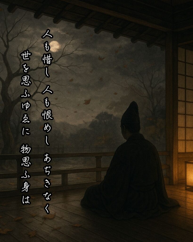 百人一首第99番 後鳥羽天皇『人も惜し』背景解説–世を思ふ身「人も惜し　人も恨めし　あぢきなく　世を思ふゆゑに　物思ふ身は」の情景をテーマにしたイメージの画像
