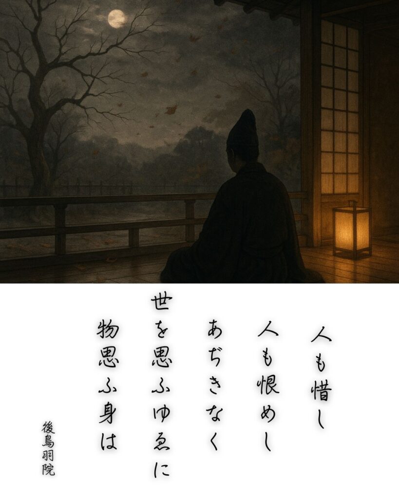 百人一首第99番 後鳥羽天皇『人も惜し』背景解説–世を思ふ身「人も惜し　人も恨めし　あぢきなく　世を思ふゆゑに　物思ふ身は」の情景をテーマにした和歌とイメージの画像
