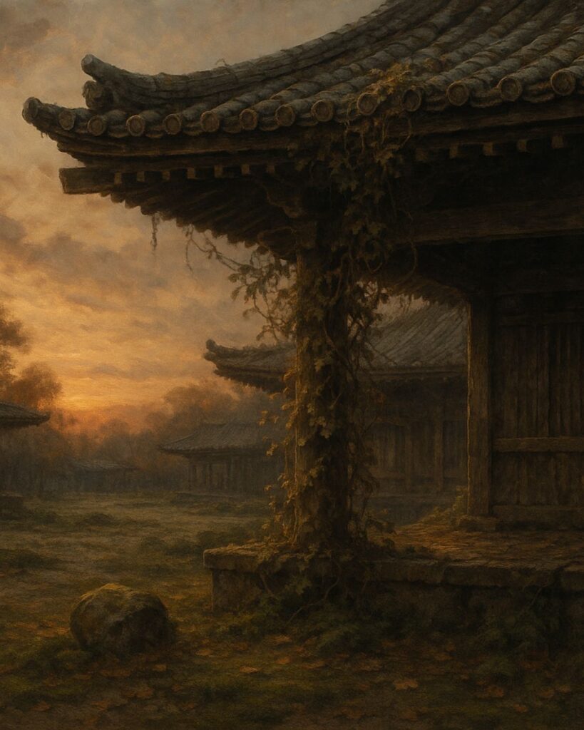 百人一首第100番 順徳天皇『百敷や』背景解説–昔をしのぶ「百敷や　古き軒端の　しのぶにも　なほ余りある　昔なりけり」の情景をテーマにしたイメージの画像
