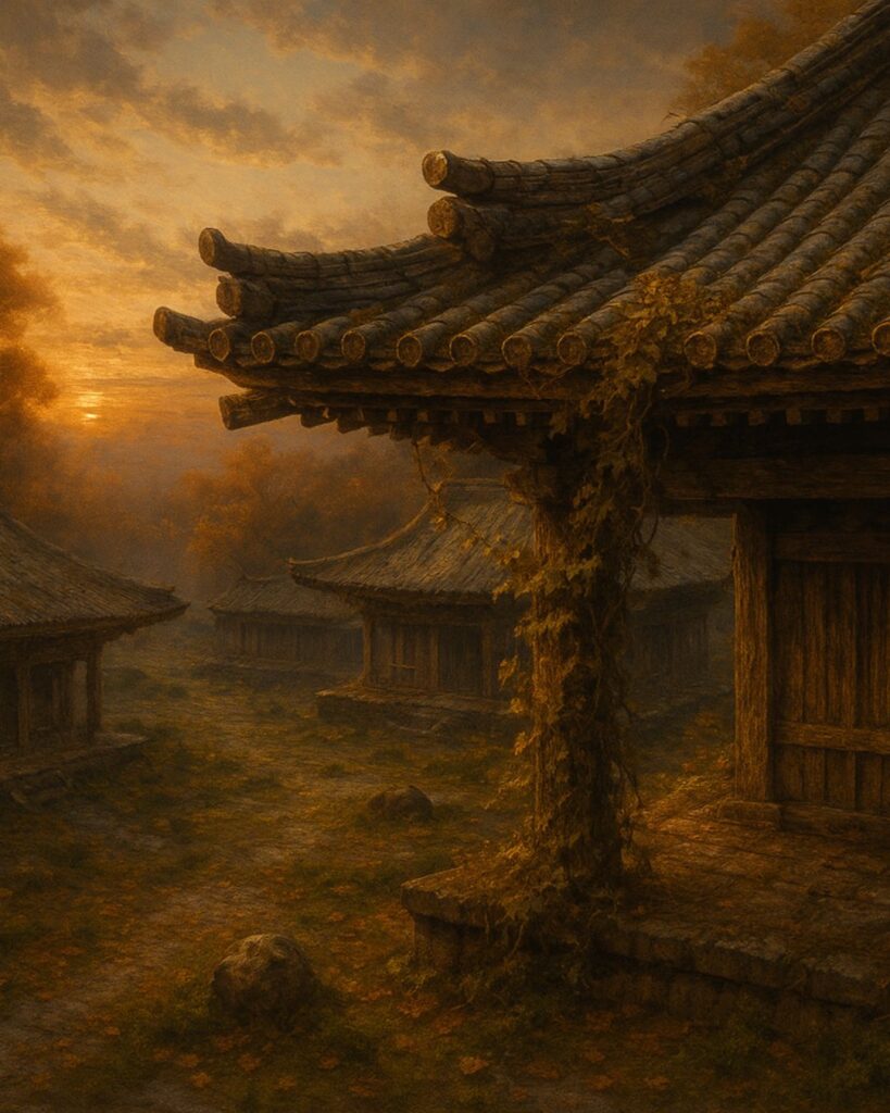 百人一首第100番 順徳天皇『百敷や』背景解説–昔をしのぶ「百敷や　古き軒端の　しのぶにも　なほ余りある　昔なりけり」の情景をテーマにしたイメージの画像
