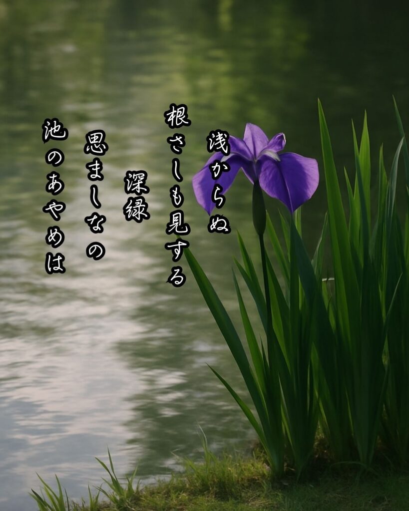 正岡子規の短歌一覧|有名な歌から春夏秋冬の作品まで
「浅からぬ 根さしも見する 深緑
思ましなの 池のあやめは」正岡子規短歌イメージ画像