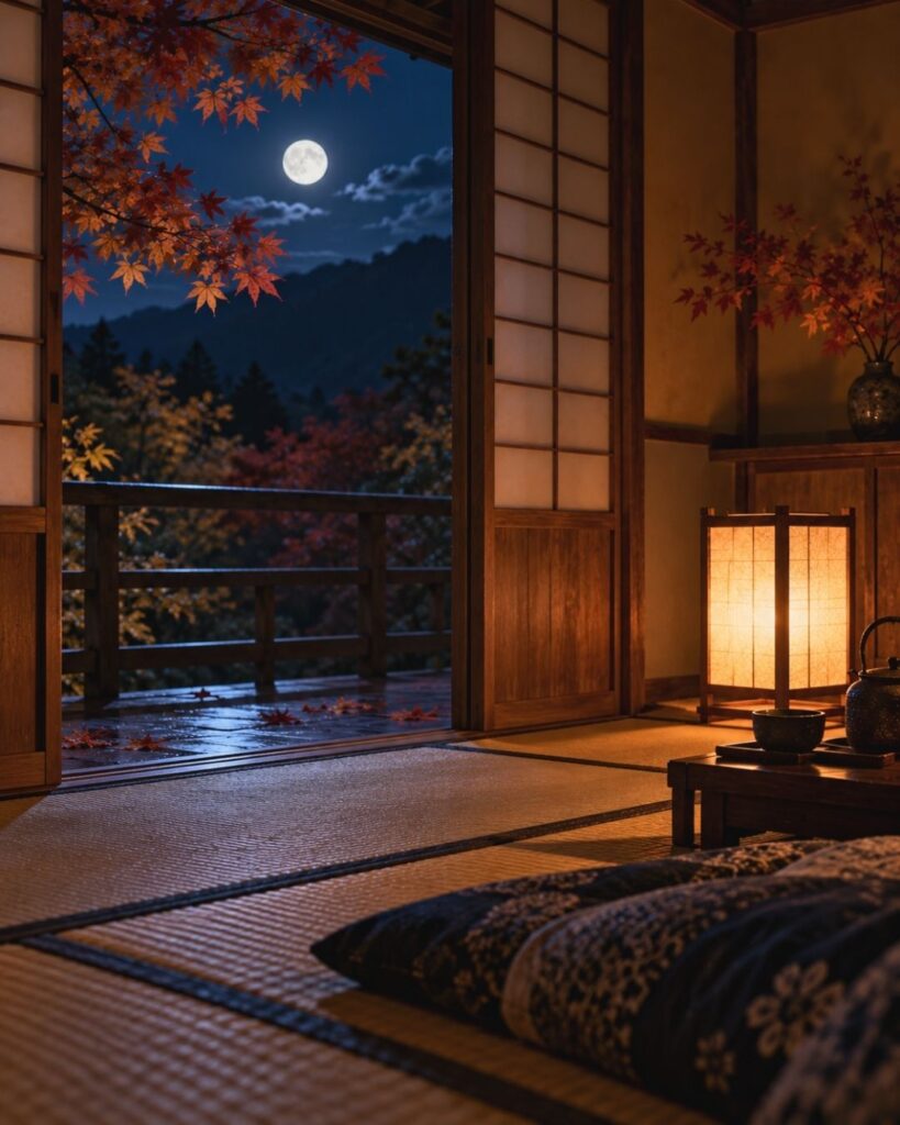 小林一茶『秋の夜や旅の男の針仕事』の意味|旅の夜を味わう「秋の夜や 旅の男の 針仕事」小林一茶の俳句をイメージした画像