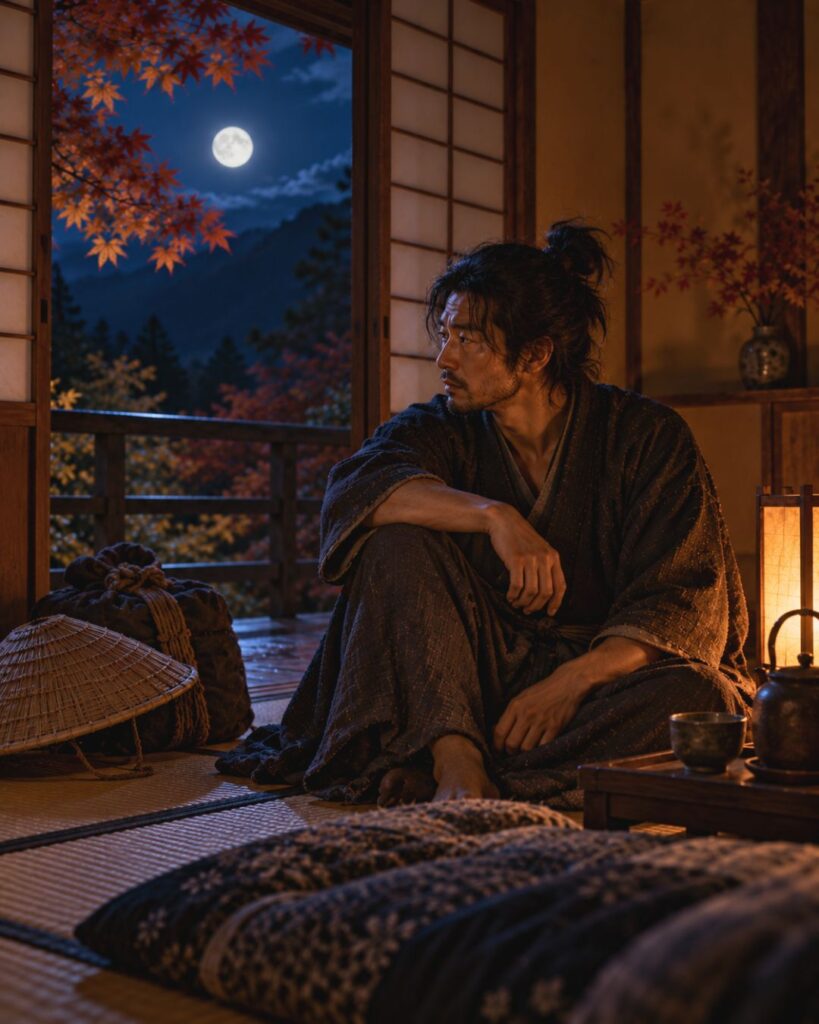 小林一茶『秋の夜や旅の男の針仕事』の意味|旅の夜を味わう「秋の夜や 旅の男の 針仕事」小林一茶の俳句をイメージした画像