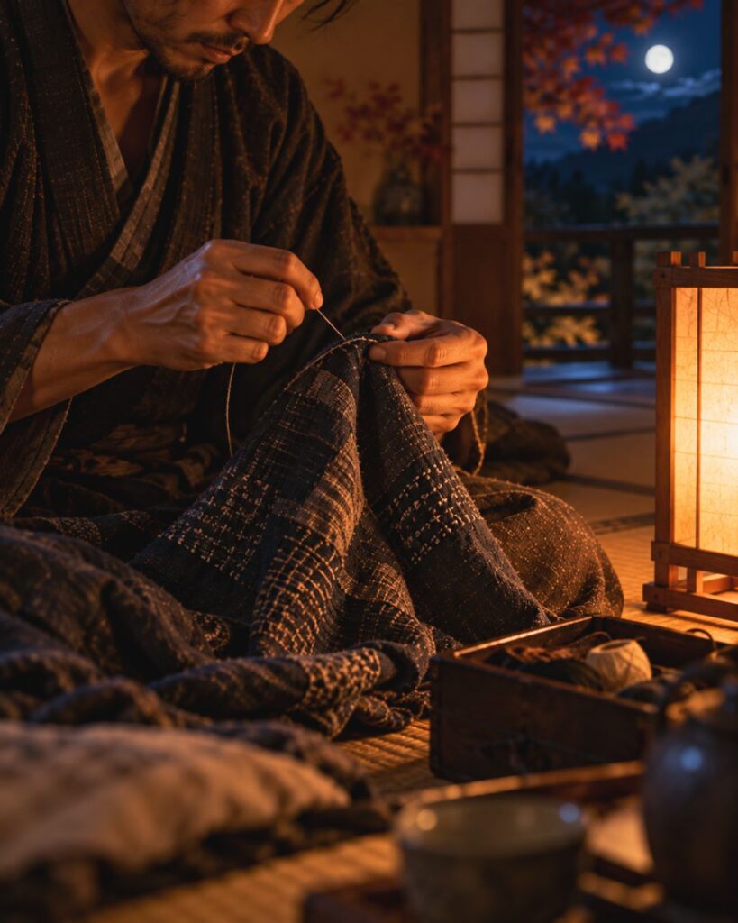 小林一茶『秋の夜や旅の男の針仕事』の意味|旅の夜を味わう「秋の夜や 旅の男の 針仕事」小林一茶の俳句をイメージした画像