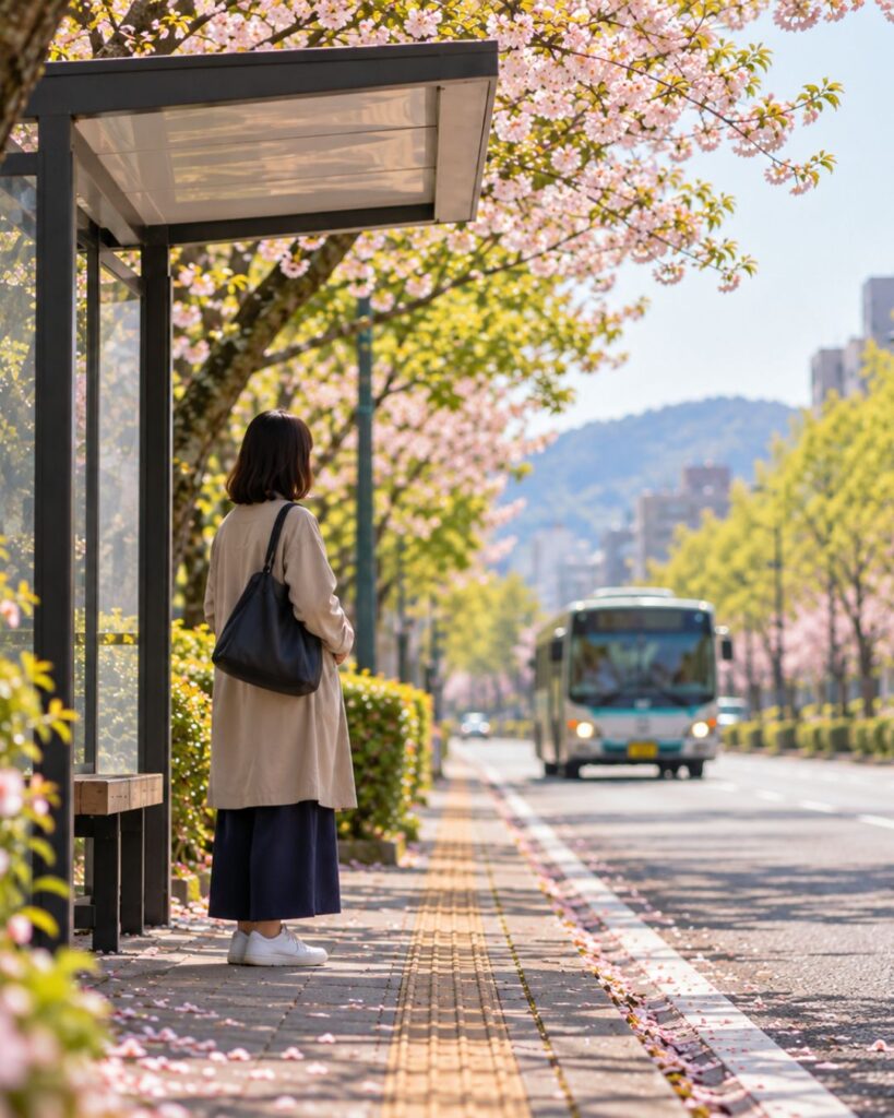 石田波郷の春の俳句5選|暮らしの中の春を味わう「バスを待ち 大路の春を うたがはず」この俳句をイメージした画像
