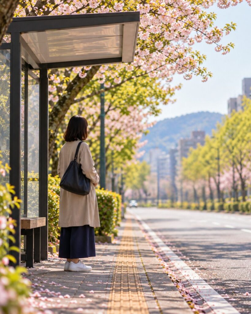 石田波郷『バスを待ち大路の春をうたがはず』の意味｜日常の春を味わう「バスを待ち　大路の春を　うたがはず」石田波郷の俳句をイメージした画像