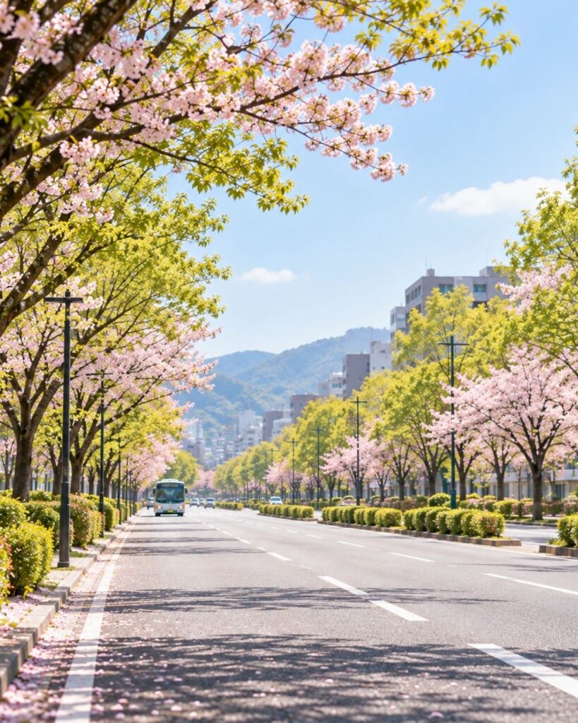 石田波郷『バスを待ち大路の春をうたがはず』の意味｜日常の春を味わう「バスを待ち　大路の春を　うたがはず」石田波郷の俳句をイメージした画像