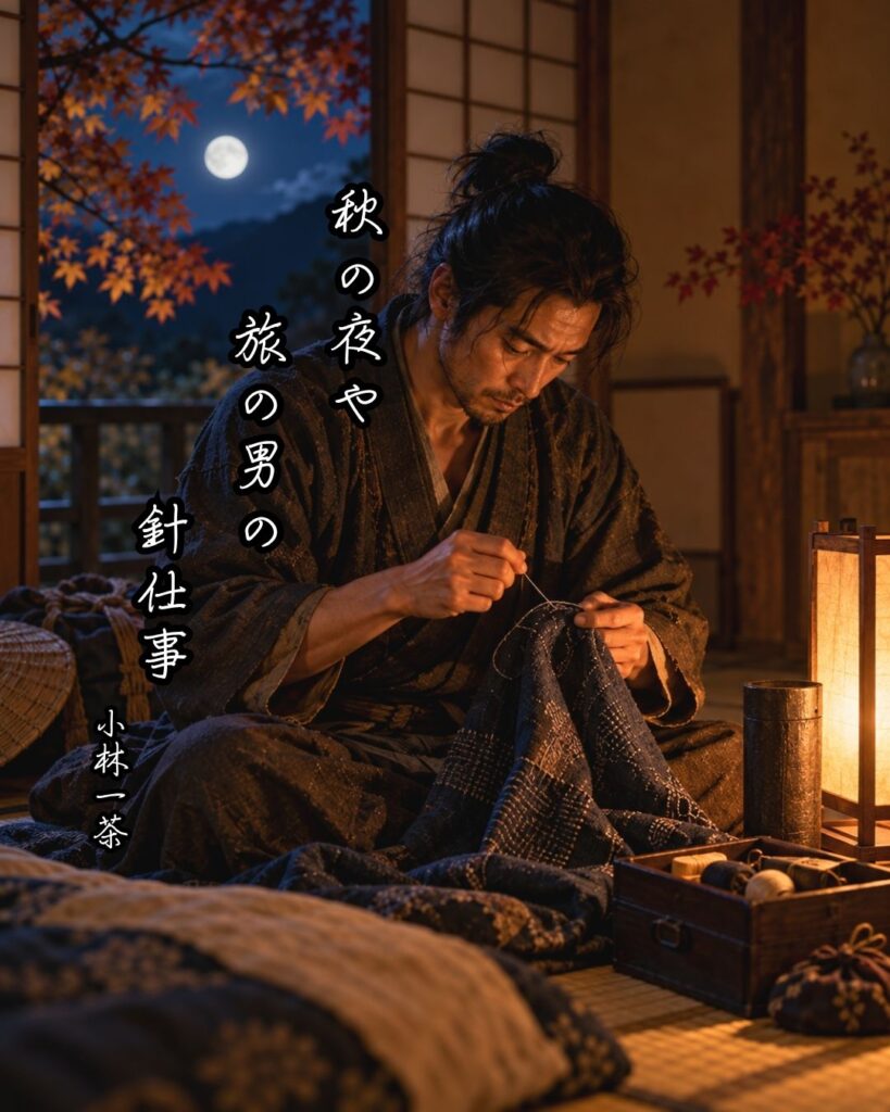 小林一茶『秋の夜や旅の男の針仕事』の意味|旅の夜を味わう「秋の夜や 旅の男の 針仕事」小林一茶の俳句をイメージした画像