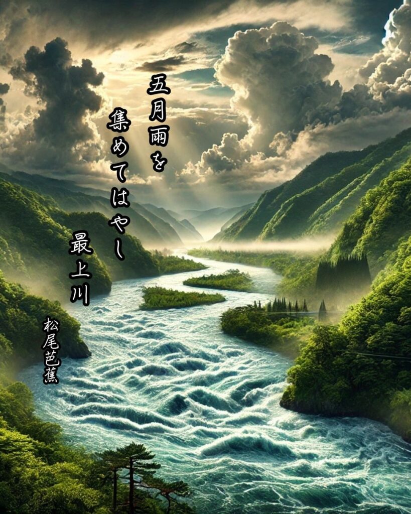 松尾芭蕉の俳句はなぜ面白いの?5つの視点から名句を読み直す「五月雨を 集めてはやし 最上川」この俳句をイメージした画像
