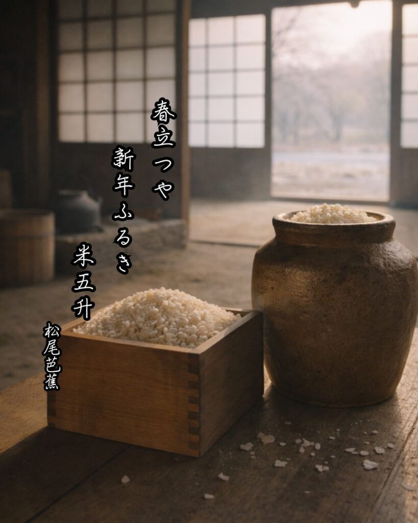 松尾芭蕉の俳句はなぜ面白いの?5つの視点から名句を読み直す「春立つや 新年ふるき 米五升」この俳句をイメージした画像